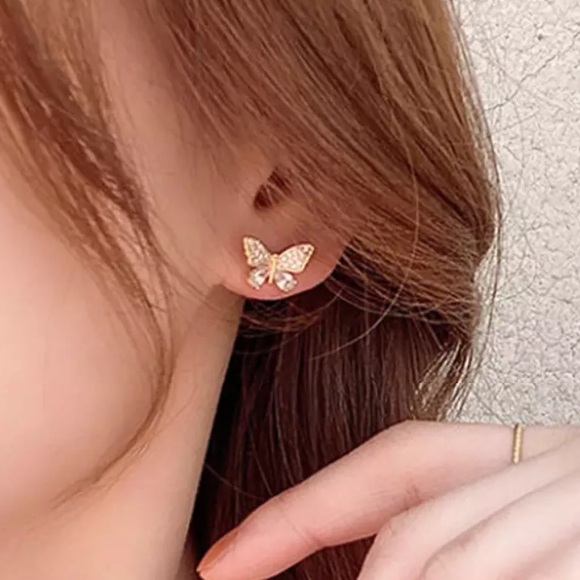 Butterfly cubic zirconia stud/dangle gold earrings - Picture 3 of 7
